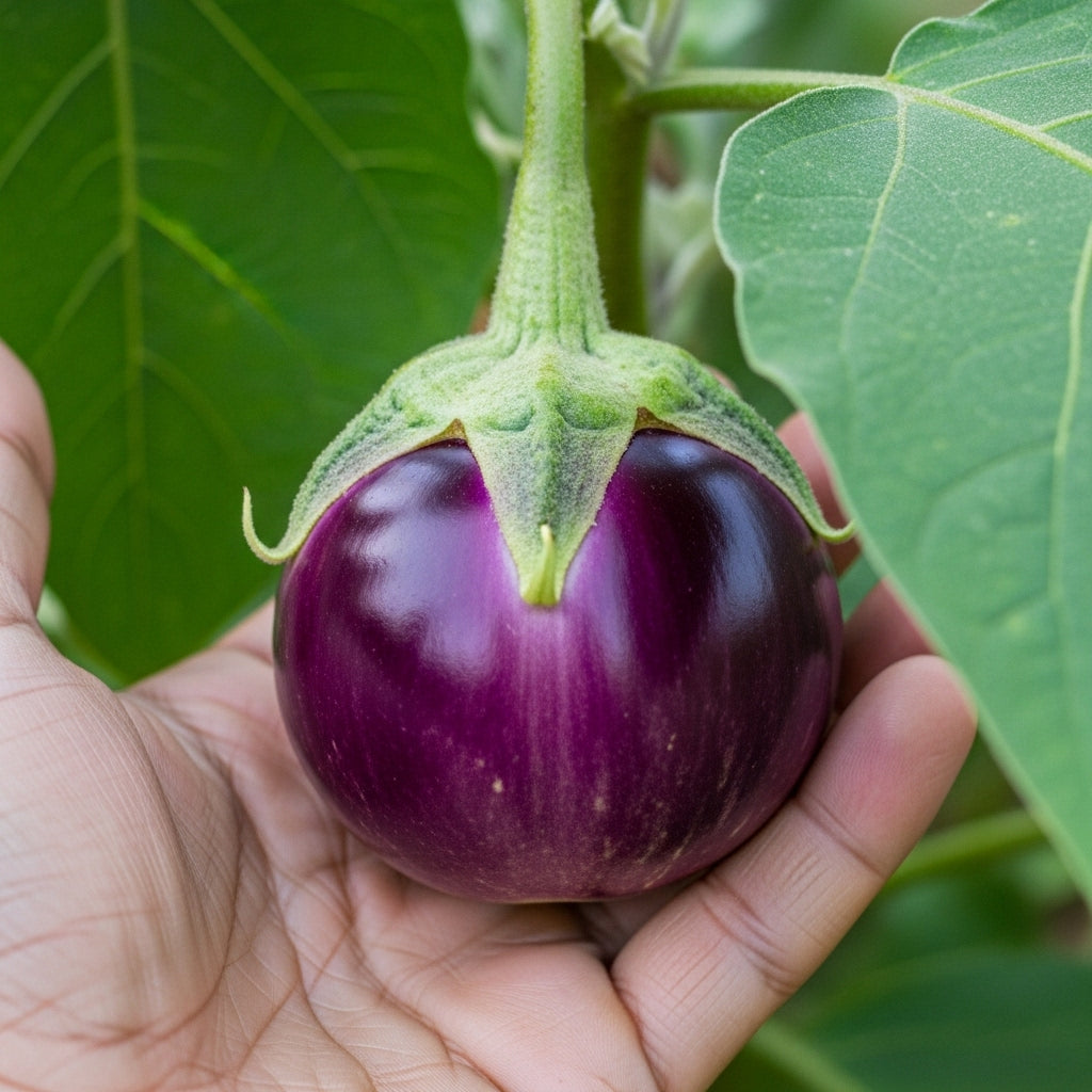 Buy Hybrid Brinjal F1 Purple Round Seeds Online – Ideal for Pots, Terrace & Kitchen Gardens | Eggplant Seeds |SeedsKart